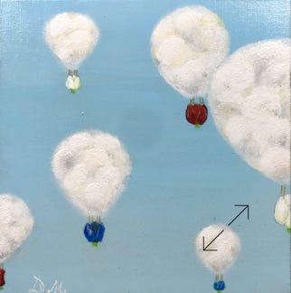 Surrealistisch schilderijtje met luchtballonnen van wolken en mandjes van tulpen in de kleuren van de Nederlandse vlag