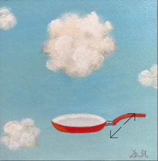 Surrealistisch schilderijtje met wolken en een koekenpan