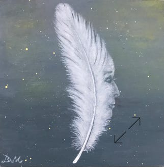 Surrealistisch schilderijtje van een veer met eenvrouwengezicht