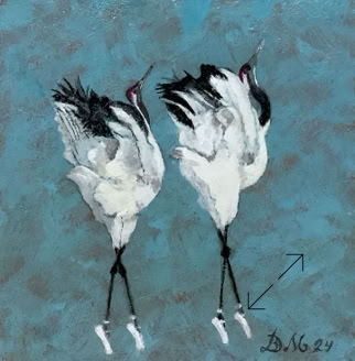 Surrealistisch schilderijtje van twee kraanvogels